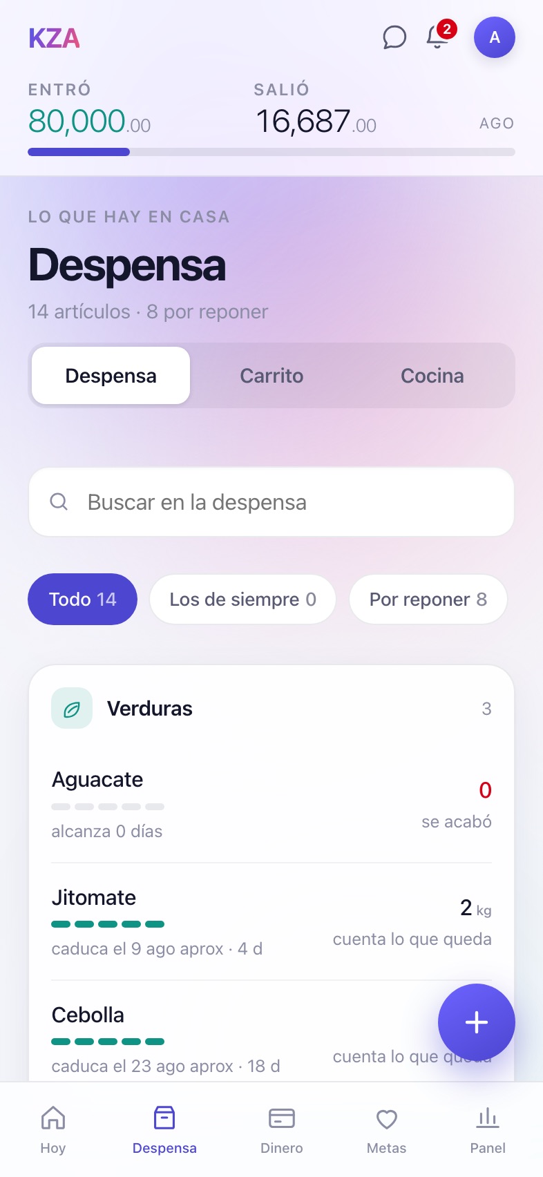 Pantalla Despensa de KZA